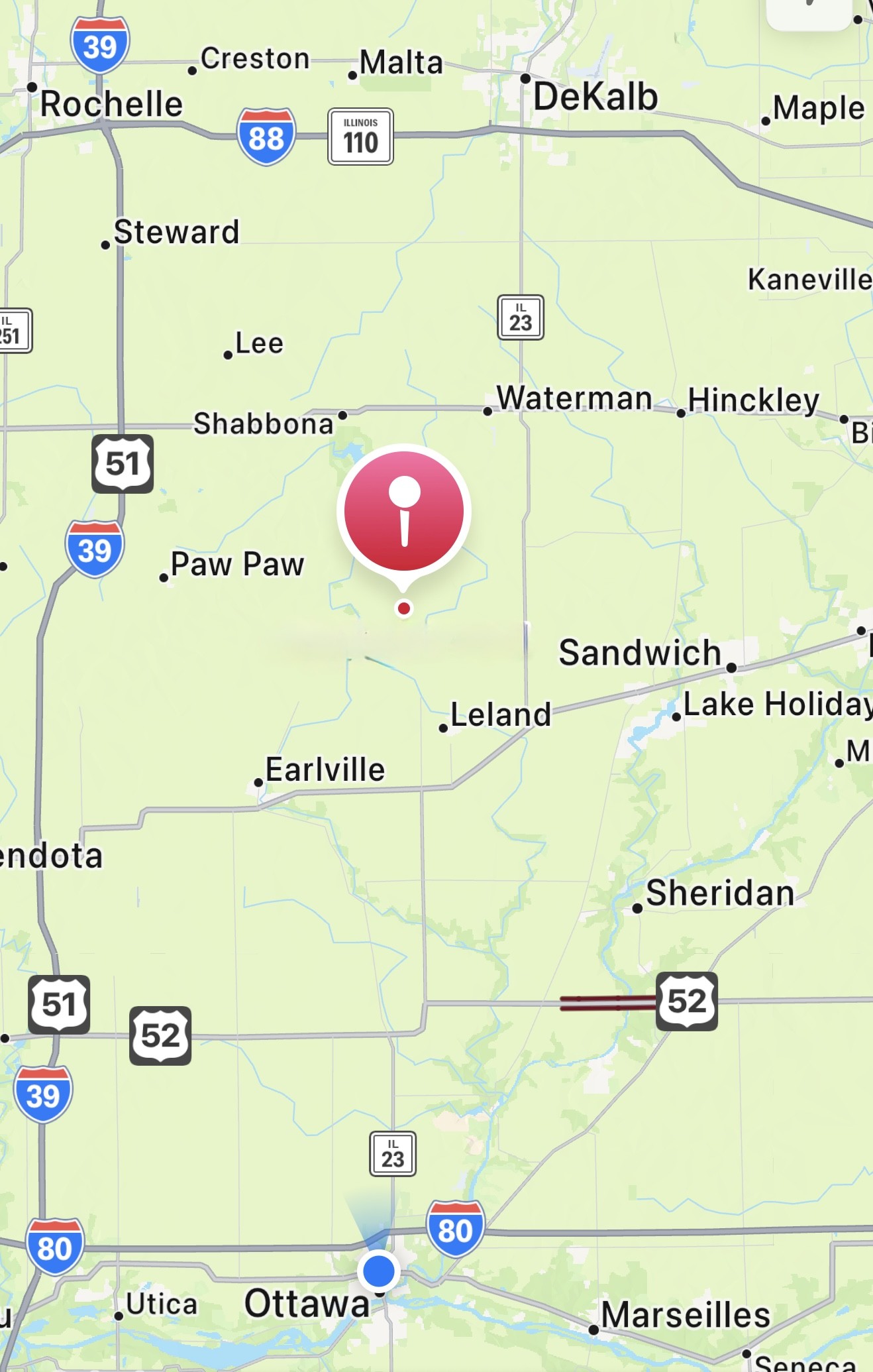 Map showing directions to Sports Boss Golf at 2950 Kane Rd, Leland, IL