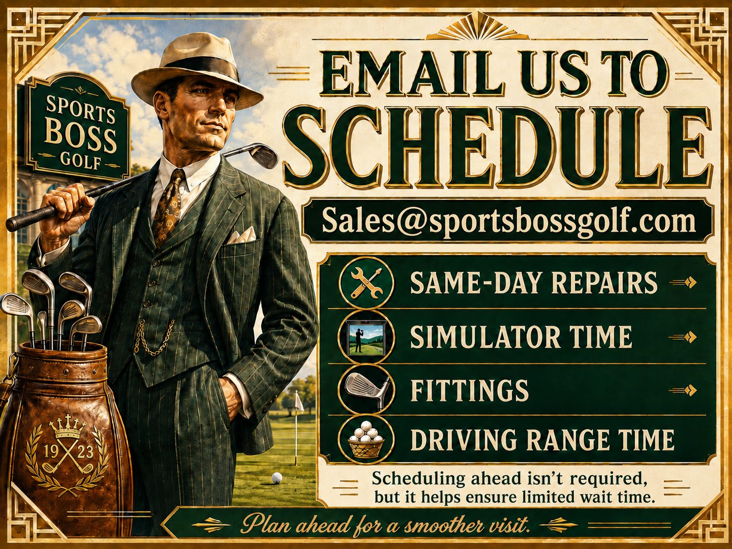 Email us to schedule — Same-Day Repairs, Simulator Time, Fittings, Driving Range Time